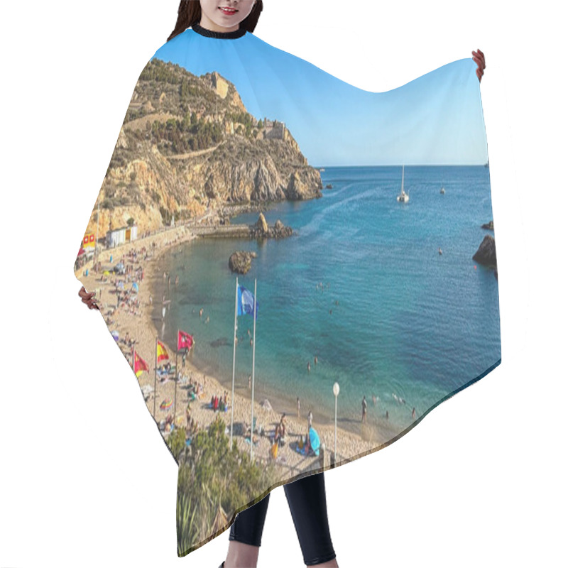 Personality  A Vibrant Beach Scene Featuring Golden Sands, Clear Turquoise Waters, And Lush Rocky Hills. Swimmers, Sunbathers, And Sailboats Complete This Perfect Mediterranean Escape. Hair Cutting Cape