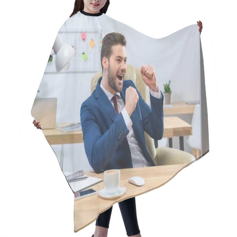 Personality  Happy Businessman Looking At Computer And Showing Yes Gesture Hair Cutting Cape