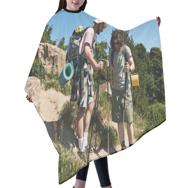 Personality  A Gay Couple Enjoys A Sunny Summer Hike In The Wilderness, Walking Along A Dirt Path With Hiking Poles And Backpacks. Hair Cutting Cape