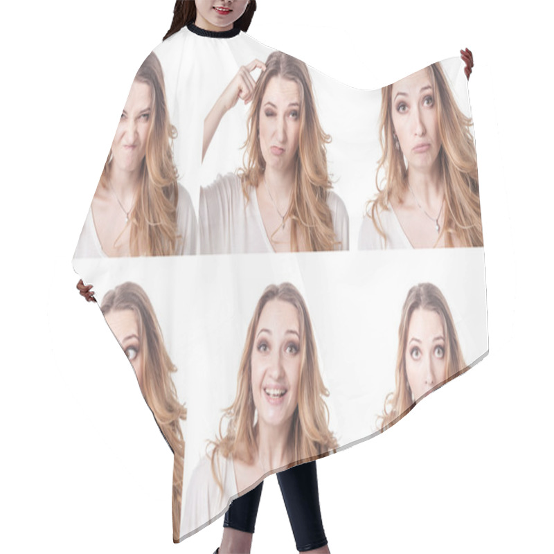 Personality  Collage Of Woman Different Facial Expressions Hair Cutting Cape