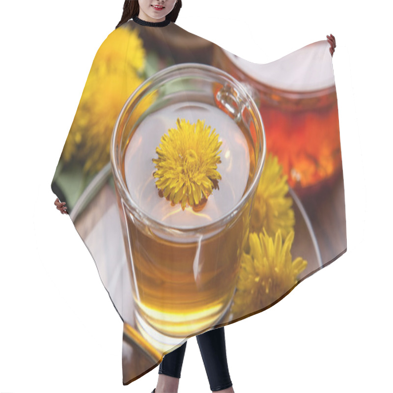 Personality  Dandelion Tea And Honey With Yellow Blossoms On Wooden Table, Hair Cutting Cape