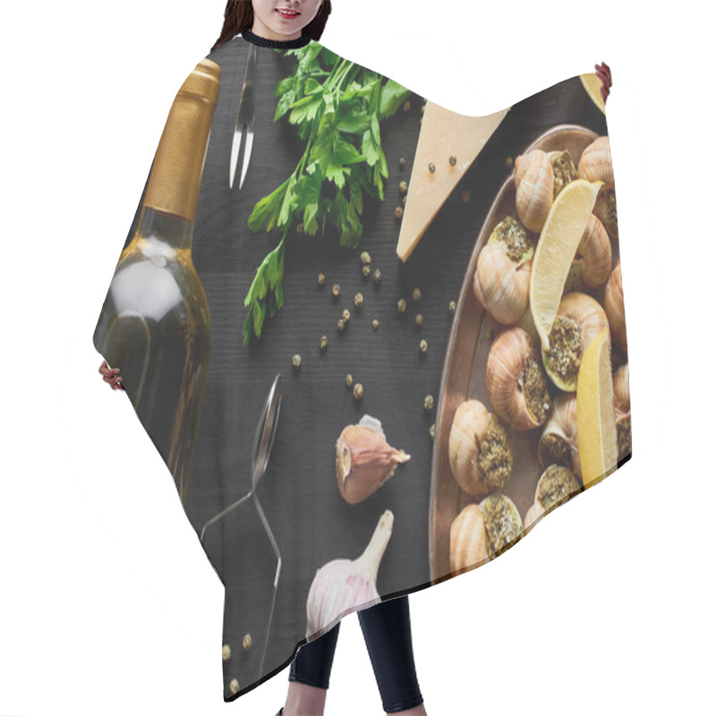 Personality  Top View Of Delicious Cooked Escargots With Lemon Slices On Black Wooden Table With Spices, Parmesan And White Wine Hair Cutting Cape