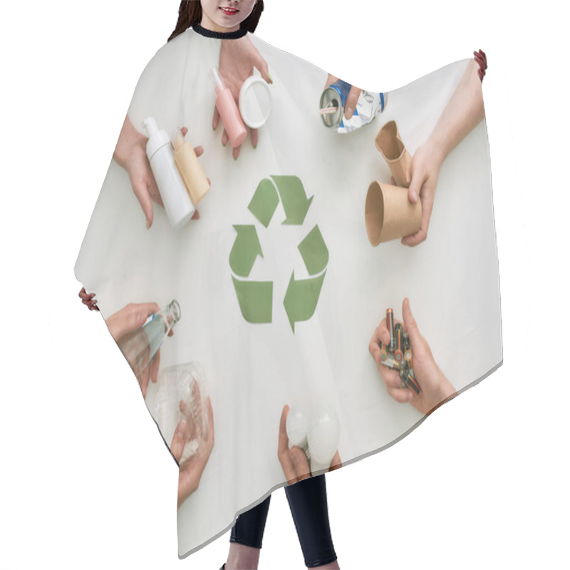 Personality  Go Green With Recycling. Top View Of Many Hands Holding Different Waste, Garbage Types With Recycling Sign Made Of Paper In The Center Over White Background Hair Cutting Cape