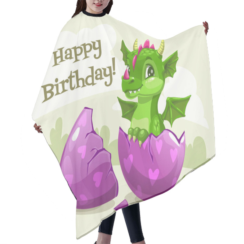 Personality  Happy Birthday Greeting Card Template. Little Cute Cartoon Green Dragon. Hair Cutting Cape