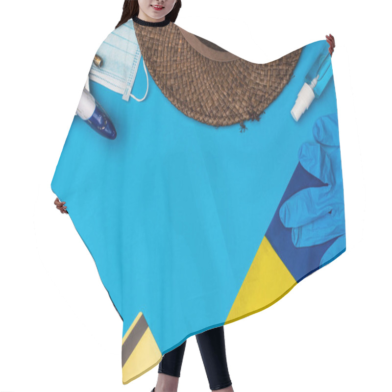 Personality  Top View Of Flag Of Ukraine, Credit Card Near Toy Plane And Spray Bottle Of Hand Sanitizer On Blue Background Hair Cutting Cape