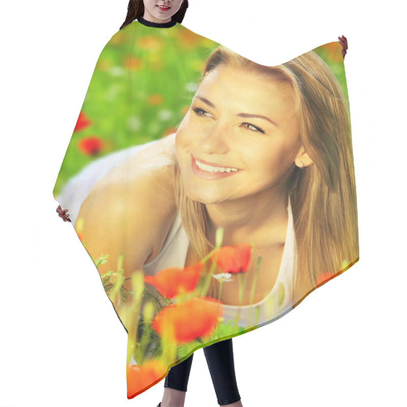 Personality  Beautiful Female Enjoying On The Flower Field Hair Cutting Cape