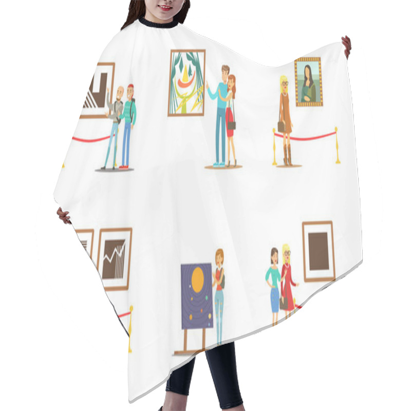 Personality  People Characters Visiting Museum And Art Gallery Vector Illustration Set Hair Cutting Cape