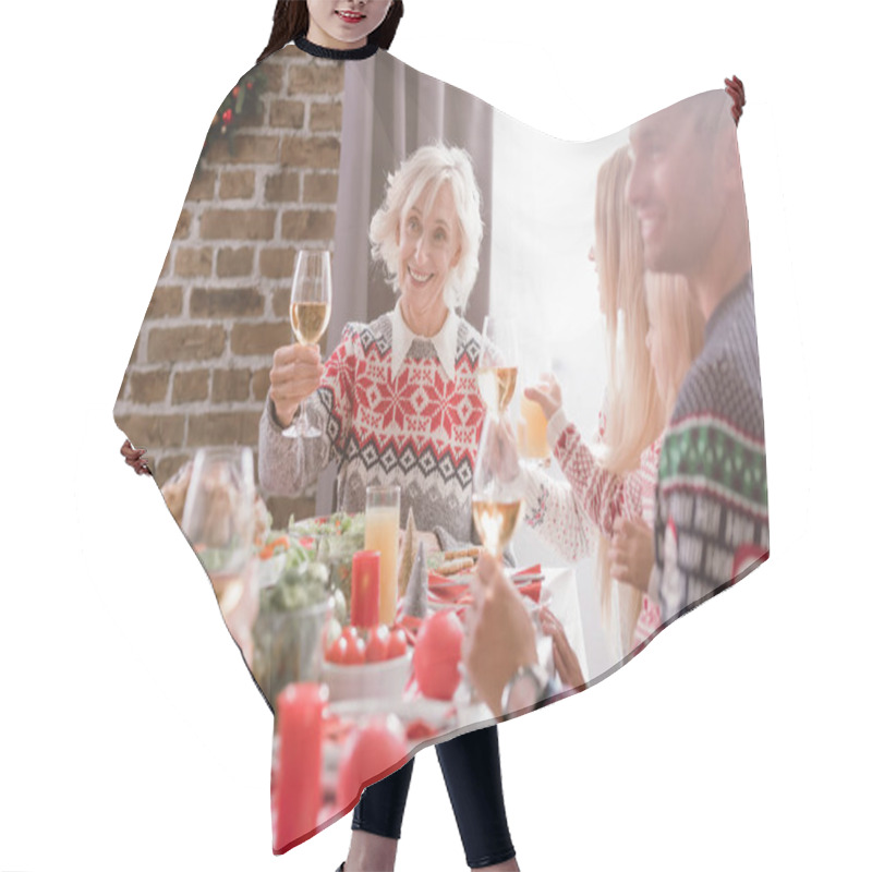 Personality  Selective Focus Of Family Members Sitting At Table And Holding Wine Glasses In Christmas  Hair Cutting Cape