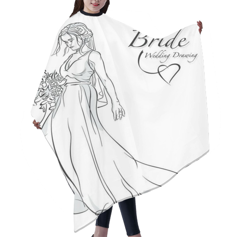 Personality  Black And White Drawing Bride Holding Bouquet - Design Element For Your Wedding Projects, Vector Graphic Hair Cutting Cape