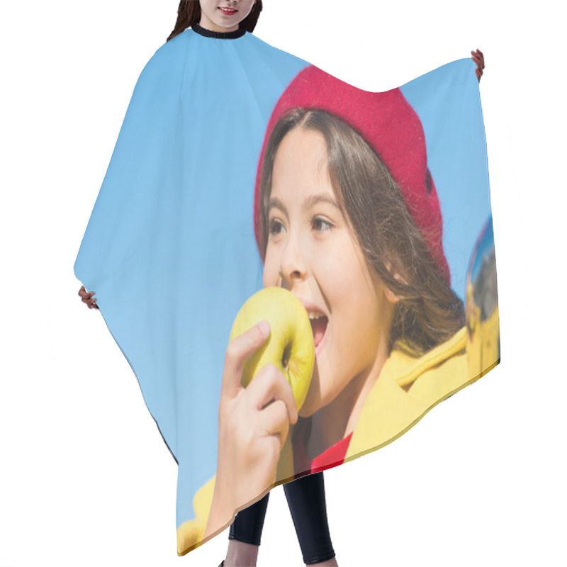 Personality  Healthy Snack For A Kid. Cute Child Eating Healthy Fruit On Sunny Day. Little Girl Biting Into Juicy Green Apple For Staying Healthy. Small Baby Enjoy Apple Crop In Autumn. Healthy Diet, Copy Space Hair Cutting Cape