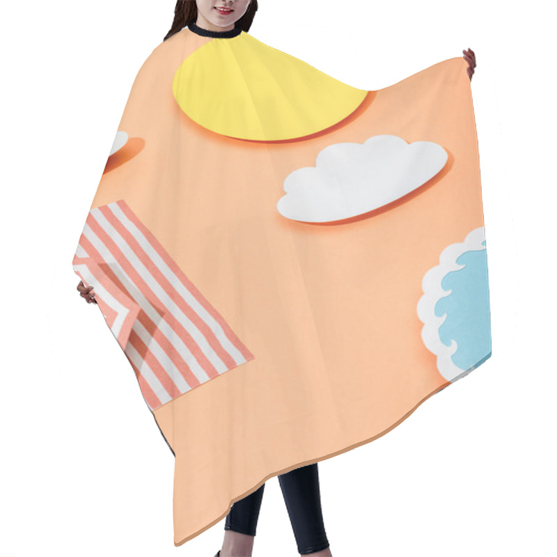 Personality  Paper Cut Sun, Clouds, Sea Wave, Beach Umbrella And Blanket On Orange Background Hair Cutting Cape