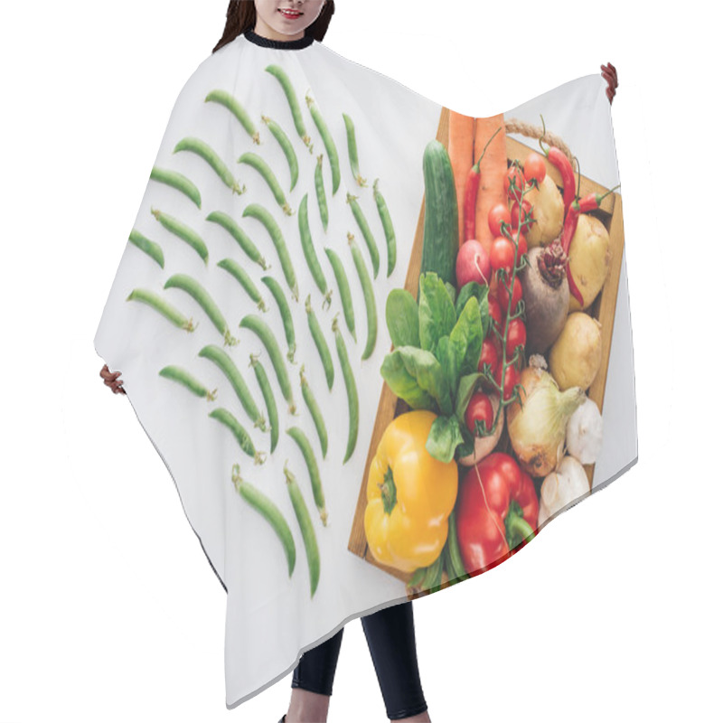 Personality  Top View Of Box With Fresh Ripe Vegetables And Green Peas Isolated On White   Hair Cutting Cape