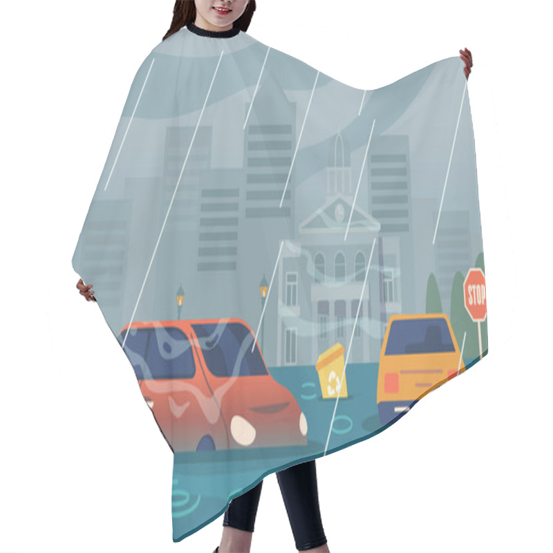 Personality  Natural Flood Disaster, The City Is Submerged In Rising Waters, Chaos Ensues During Deluge Devastating Impact. Flooded Cityscape View With Drowning Cars And Buildings. Cartoon Vector Illustration Hair Cutting Cape