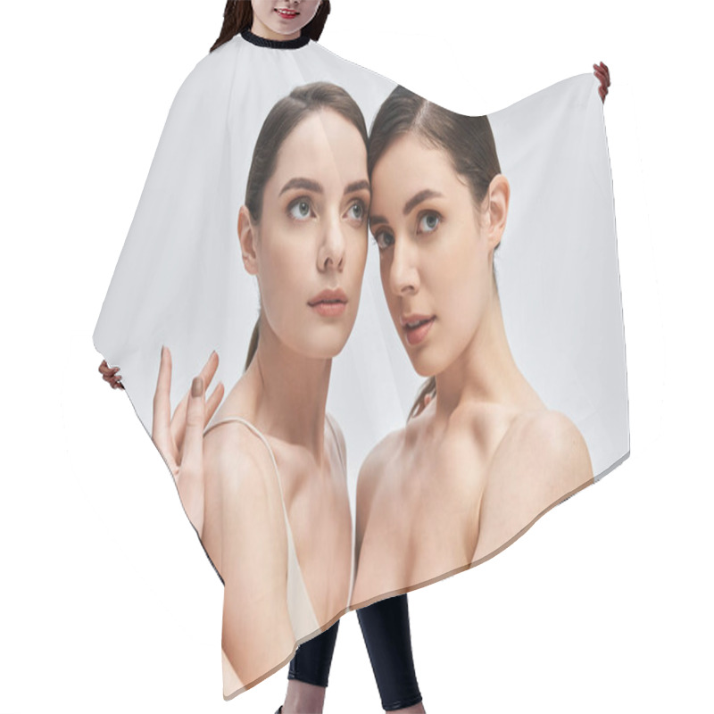 Personality  Two Stunning Twin Sisters Embrace Each Other, Showcasing Their Beauty In A Soft Setting. Hair Cutting Cape