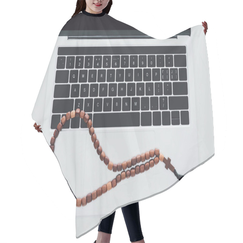 Personality  Top View Of Beads Lying On Laptop On White Surface Hair Cutting Cape