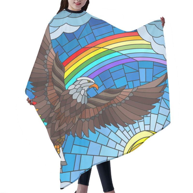 Personality  Illustration In Stained Glass Style With A Eagle On The Background Of Sky, Sun , Clouds And Rainbow Hair Cutting Cape