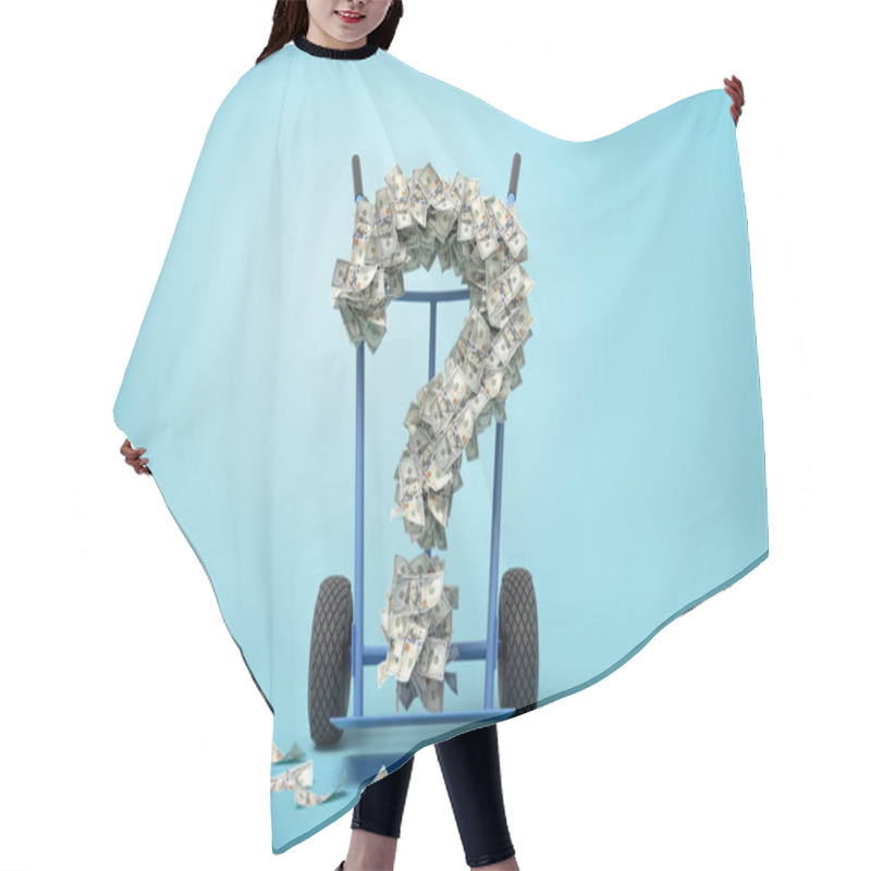 Personality  3d Rendering Of Hand Truck Standing In Half-turn With Question Mark Made Up Of Dollar Banknotes On It On Light-blue Background With Copy Space. Hair Cutting Cape