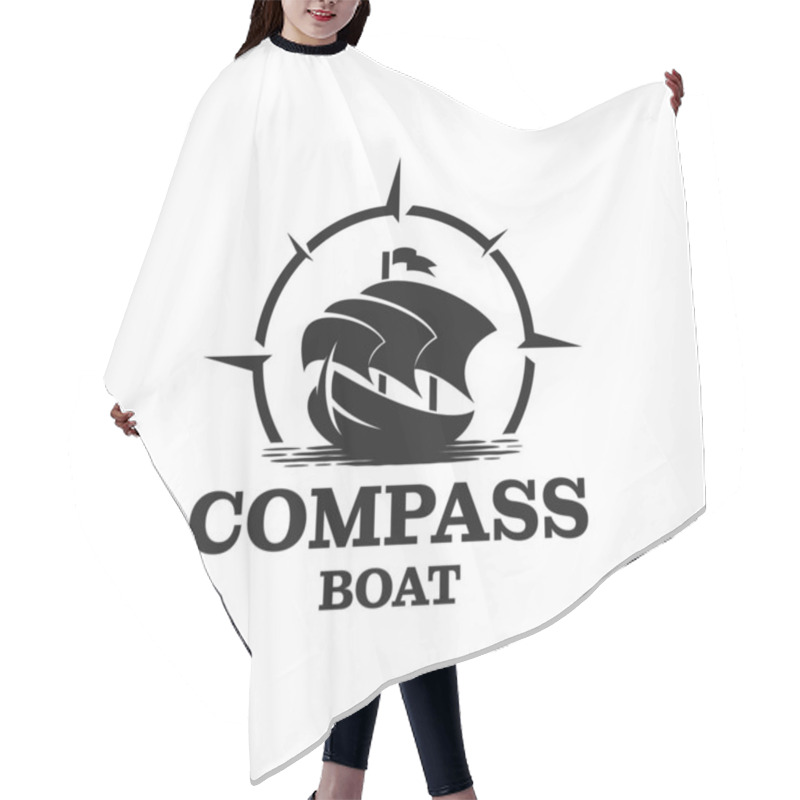 Personality  Traditional Sailing Yacht, Boat, Ship And Compass Silhouette Logo Design Vector Hair Cutting Cape