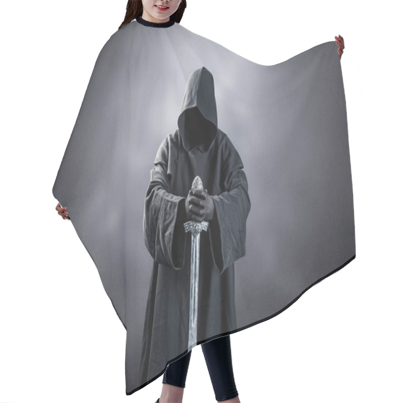 Personality  Warrior With Hooded Cape And Medieval Sword Over Dark Misty Background Hair Cutting Cape