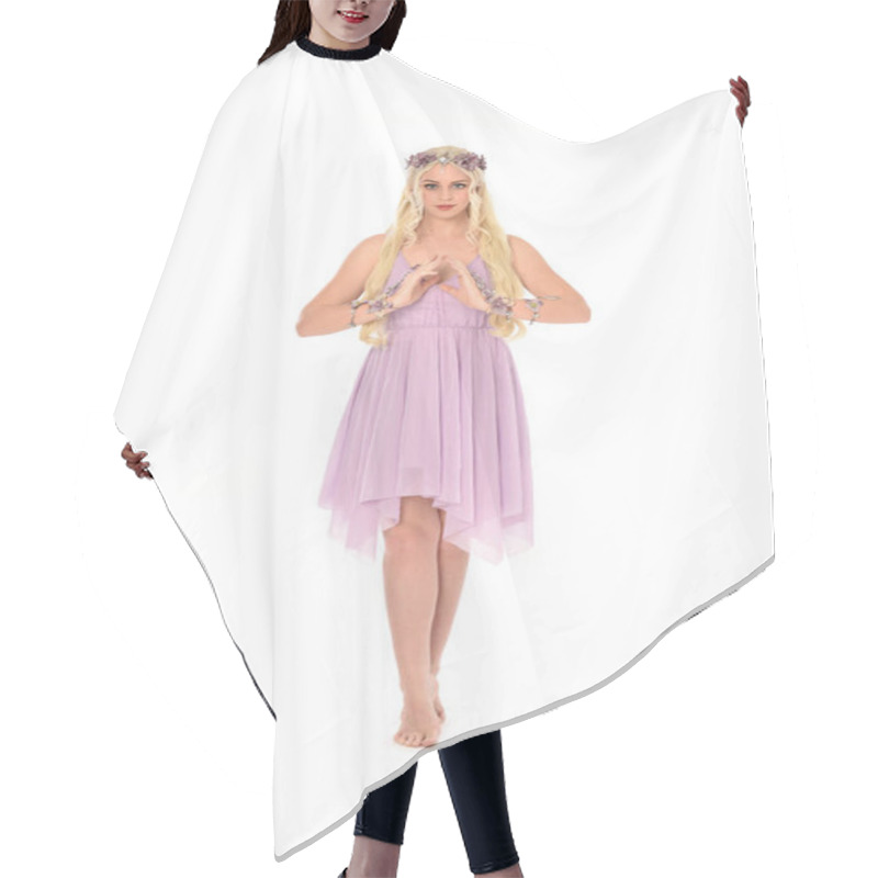 Personality  Full Length Portrait Of Blonde Girl Wearing Purple Fairy Costume. Standing Pose, Isolated On White Studio Background. Hair Cutting Cape