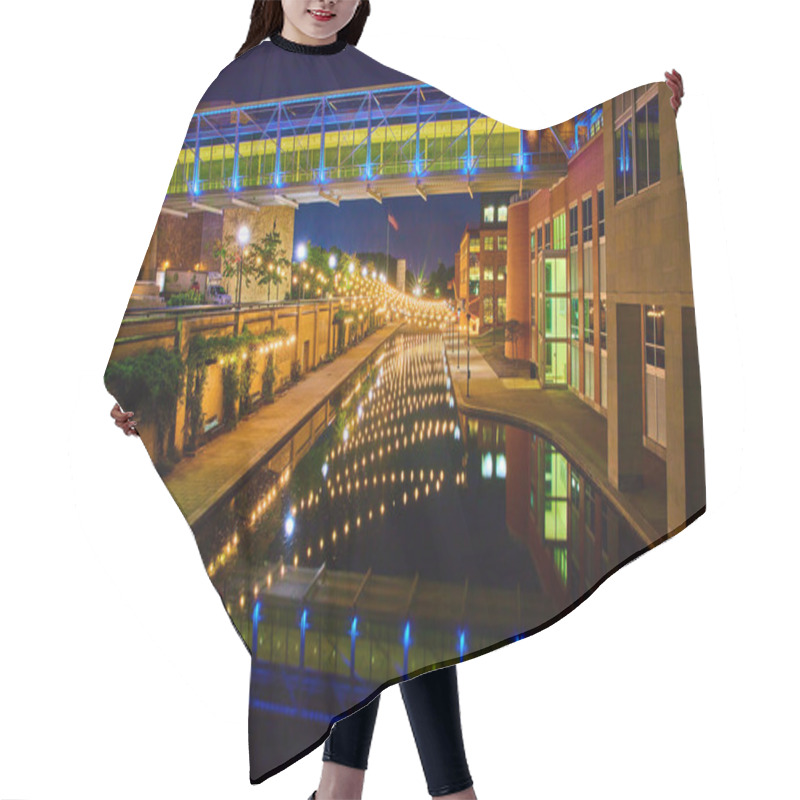 Personality  Vibrant Indianapolis Nightscape Showcasing A Blue-lit Pedestrian Bridge Over The Reflective Canal, Surrounded By Illuminated Modern Buildings, 2023 Hair Cutting Cape