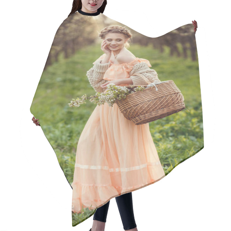 Personality  Beautiful Young Girl In An Old Dress In A Pear-blossoming Garden. Hair Cutting Cape