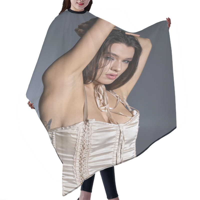 Personality  Sensual Woman In A Corset Posing Confidently. Hair Cutting Cape