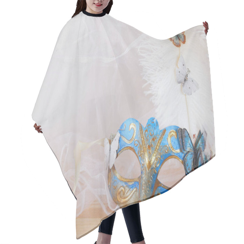 Personality  Blue Venetian Mask In Front Of White Tulle Hair Cutting Cape