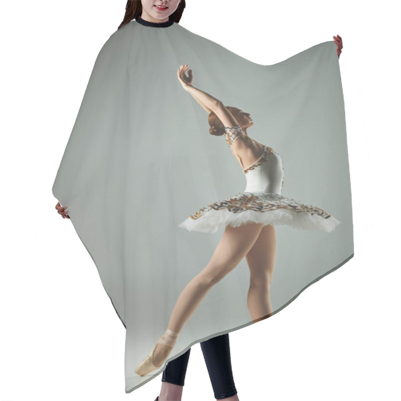 Personality  Young, Beautiful Ballerina Performing A Pirouette In A White Tutu And Elegant Gold Shoes. Hair Cutting Cape