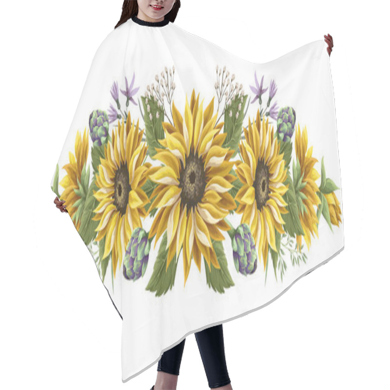 Personality  Sunflowers Bouquet With Wild Flower And Artichoke Isolated. Hair Cutting Cape