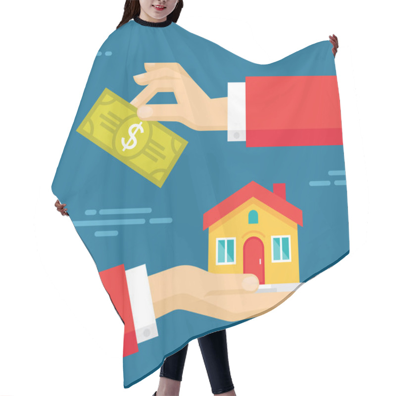 Personality  Human Hands With Dollar Money And House. Flat Style Concept Design Illustration. Hair Cutting Cape