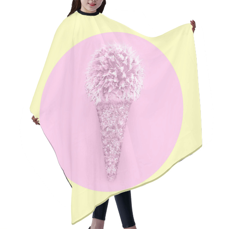 Personality  Creative Ice Cream Cone Made From Confetti With Flower Onion In Pink Circle On Pastel Yellow Background. Trendy Minimal Pop Art Style And Summer Food Concept. Hair Cutting Cape