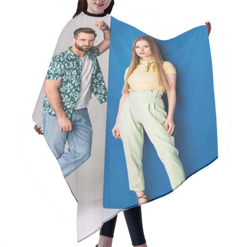 Personality  Stylish Young Couple Posing In Summer Clothes On Grey And Blue  Hair Cutting Cape