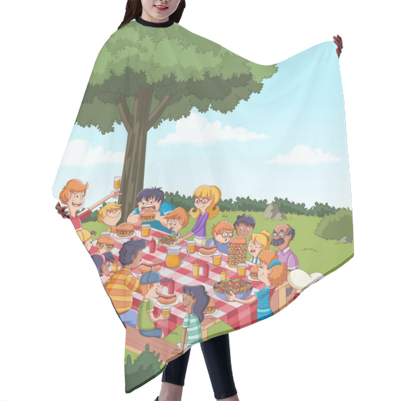 Personality  Cartoon Friends Having A Barbecue. Family In The Park On A Sunny Day. Hair Cutting Cape