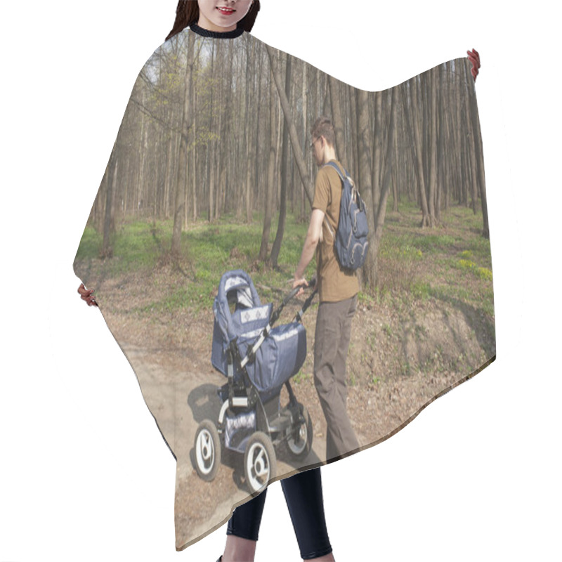 Personality  Young Father Walks With A Baby Carriage In The Park Hair Cutting Cape