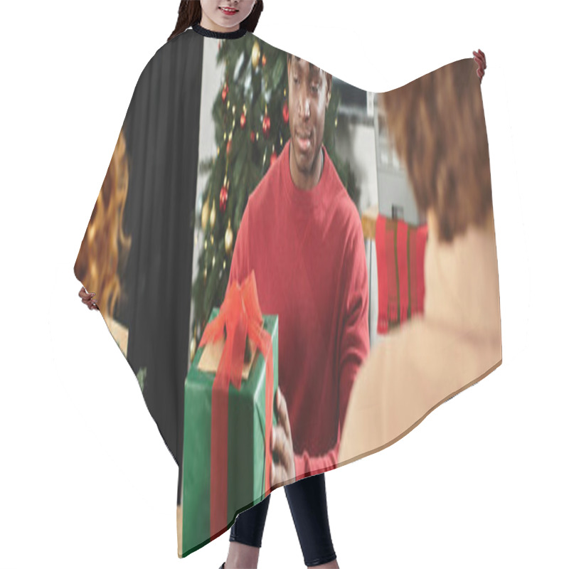 Personality  Coworkers Gather Joyfully In A Decorated Office, Exchanging Gifts For Christmas Cheer. Hair Cutting Cape