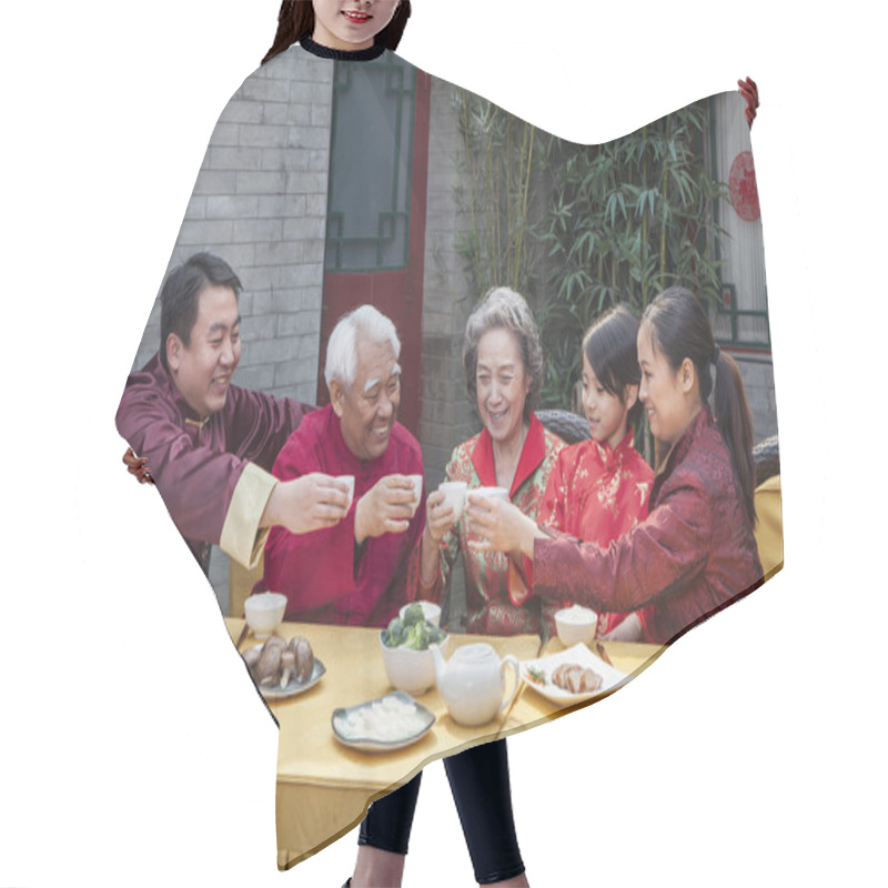 Personality  Family With Cups Raised Toasting Over A Chinese Meal Hair Cutting Cape