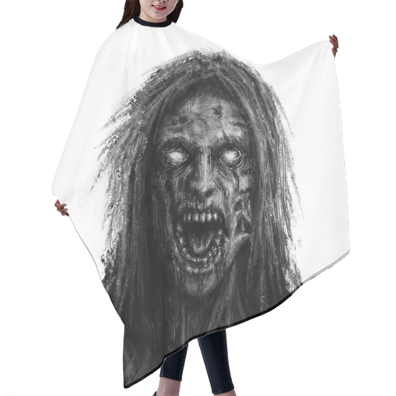 Personality  Scary Zombie Woman Face On White Background. Illustration In Horror Genre. Hair Cutting Cape