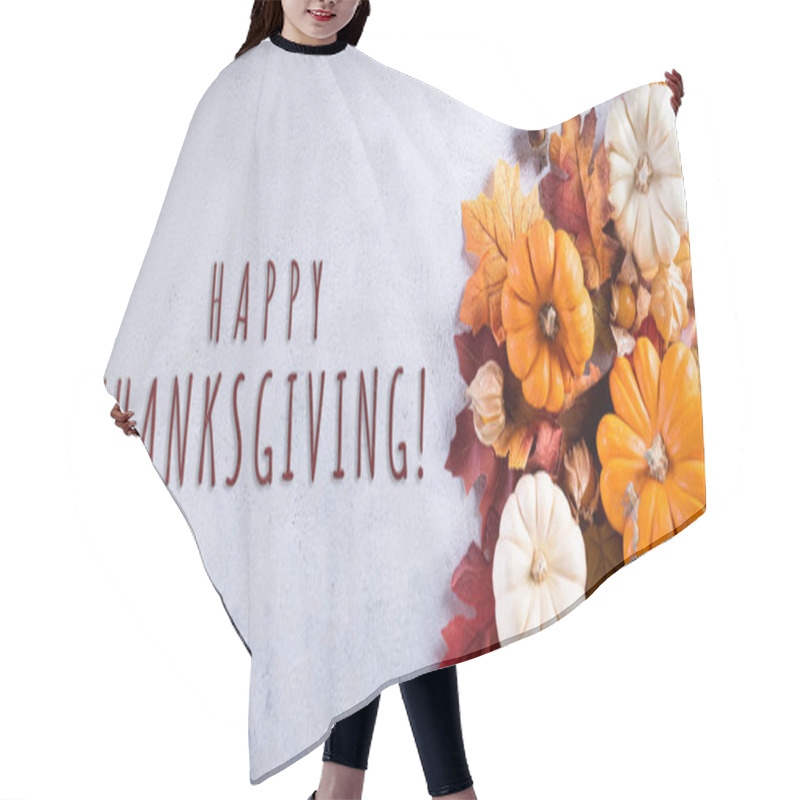 Personality  Thanksgiving Background Decoration From Dry Leaves And Pumpkin On  Gray Stone Background. Flat Lay, Top View With Happy Thanksgivings Text. Hair Cutting Cape