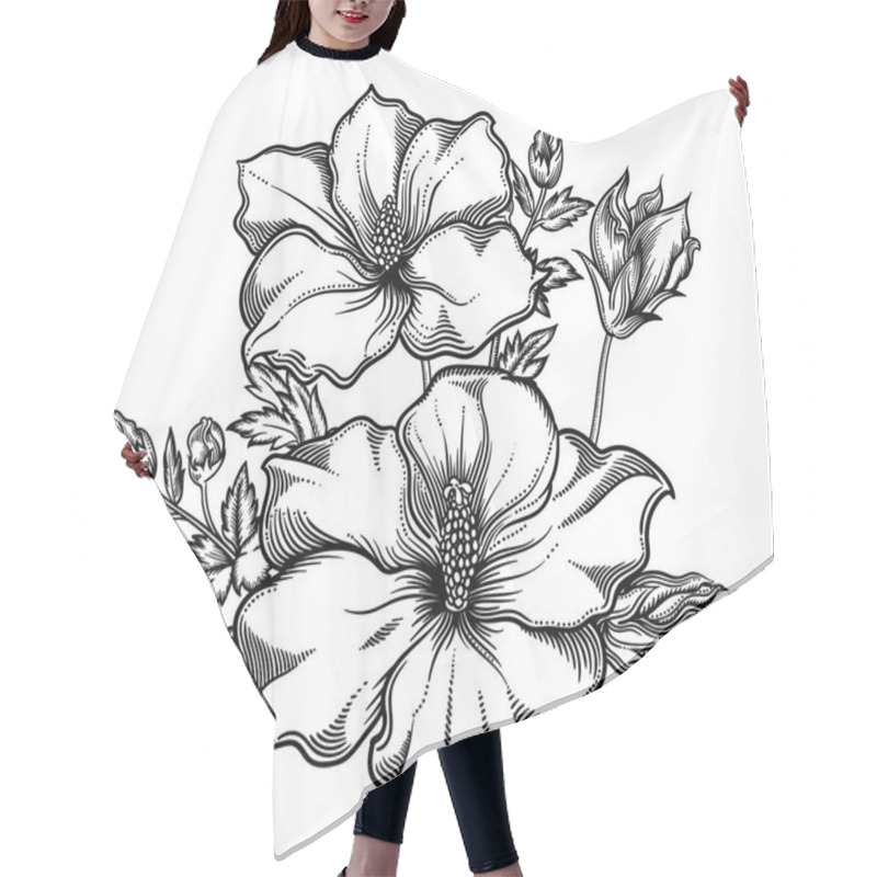 Personality  Blooming Exotic Flowers , Detailed Hand Drawn Vector Illustration. Romantic Decorative Flower Drawing In Line Art . All Sketches Objects Isolated On White Background. Vector Sketch Of Blooming Flowers Hair Cutting Cape