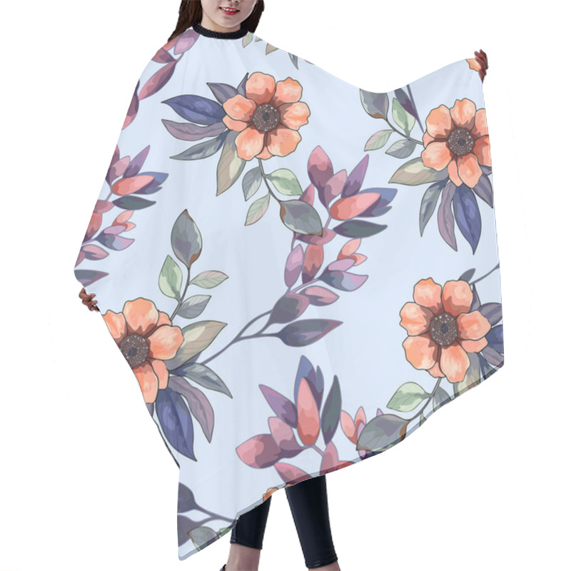 Personality  Seamless Floral Pattern With Pink Roses And Anemones. Hand-Drawn Pink Flowers And Foliage Design. Romantic Rose And Anemone Pattern Hair Cutting Cape