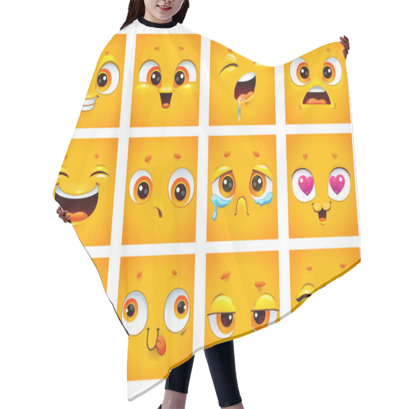 Personality  Emoji Face Collection. Funny Cartoon Comic Square Yellow Faces On White Background. Hair Cutting Cape