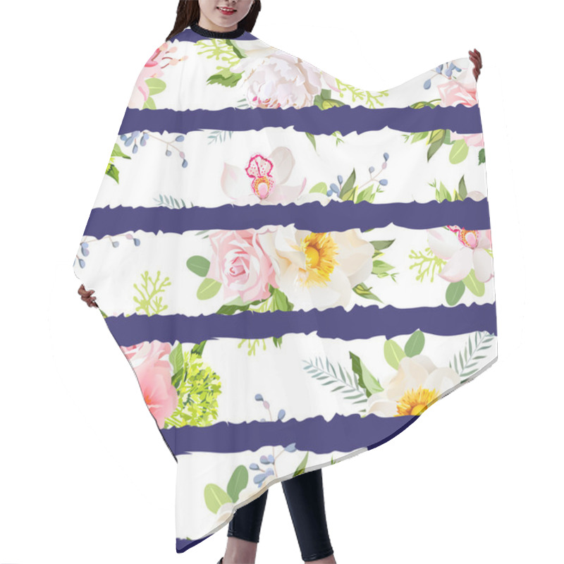 Personality  Navy Striped Print With Bouquets Of Wild Rose, Peony, Orchid, Br Hair Cutting Cape