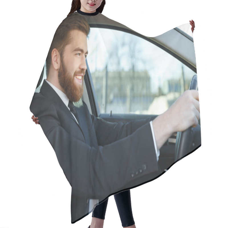 Personality  Side View Of Smiling Business Man Sitting At The Wheel Hair Cutting Cape