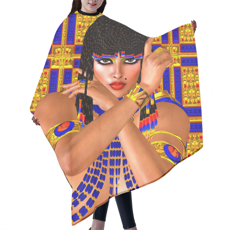 Personality  Cleopatra Or Any Egyptian Woman Pharaoh. Modern Digital Art Fantasy. Set On A Gold And Blue Abstract Background Hair Cutting Cape