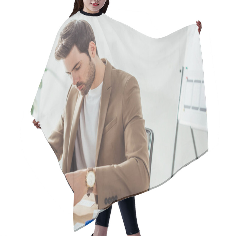 Personality  Handsome Creative Designer Developing User Experience Design With Sketches On Table Hair Cutting Cape