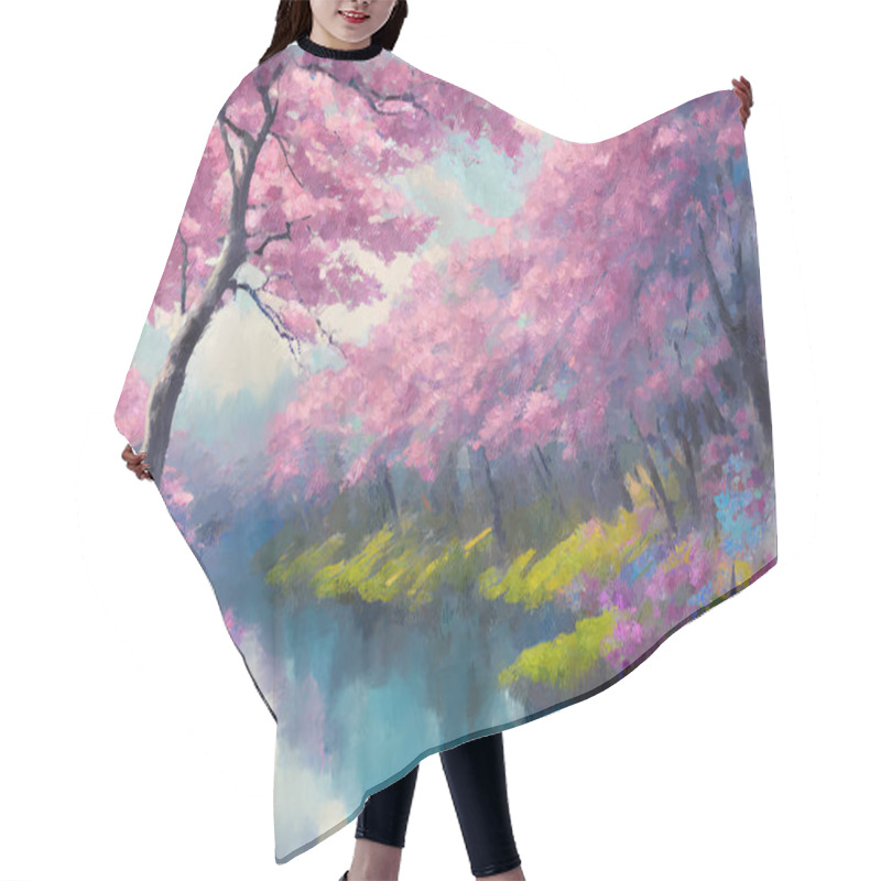 Personality  Picturesque Bright Spring Landscape With Lush Blooming Japanese Pink Sakura Cherry Trees In Full Blossom Over Calm Lake Water. My Own Digital Art Painting Illustration. Hair Cutting Cape