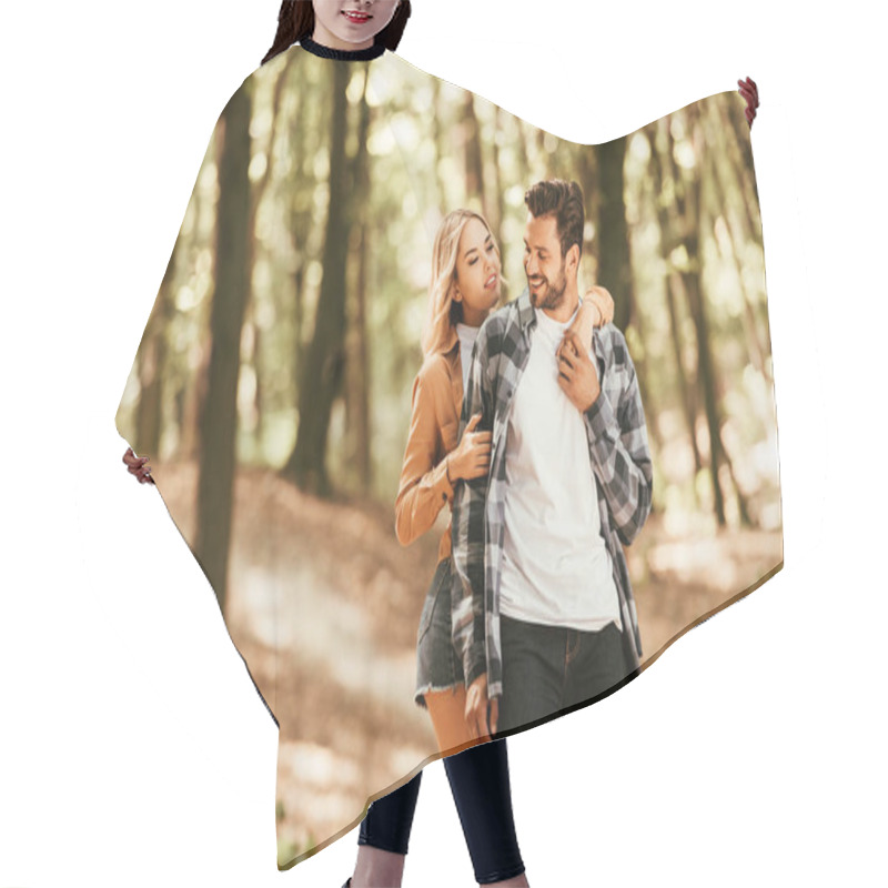 Personality  Attractive Girl Embracing Happy Boyfriend While Walking In Park Hair Cutting Cape