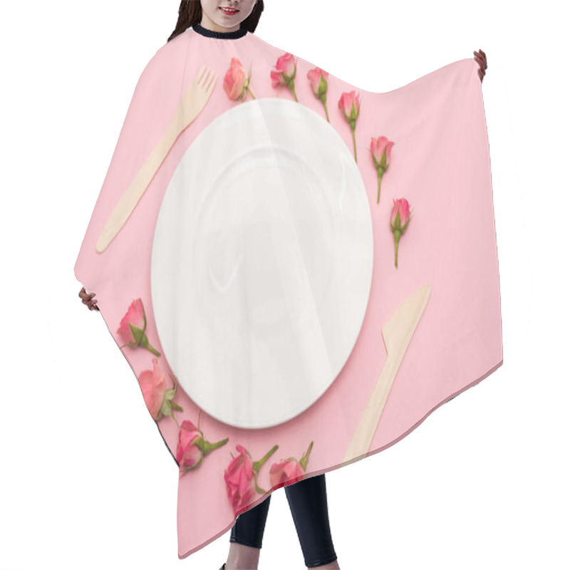 Personality  High Angle View Of Disposable Wooden Cutlery Near White Plate And Flowers Isolated On Pink  Hair Cutting Cape