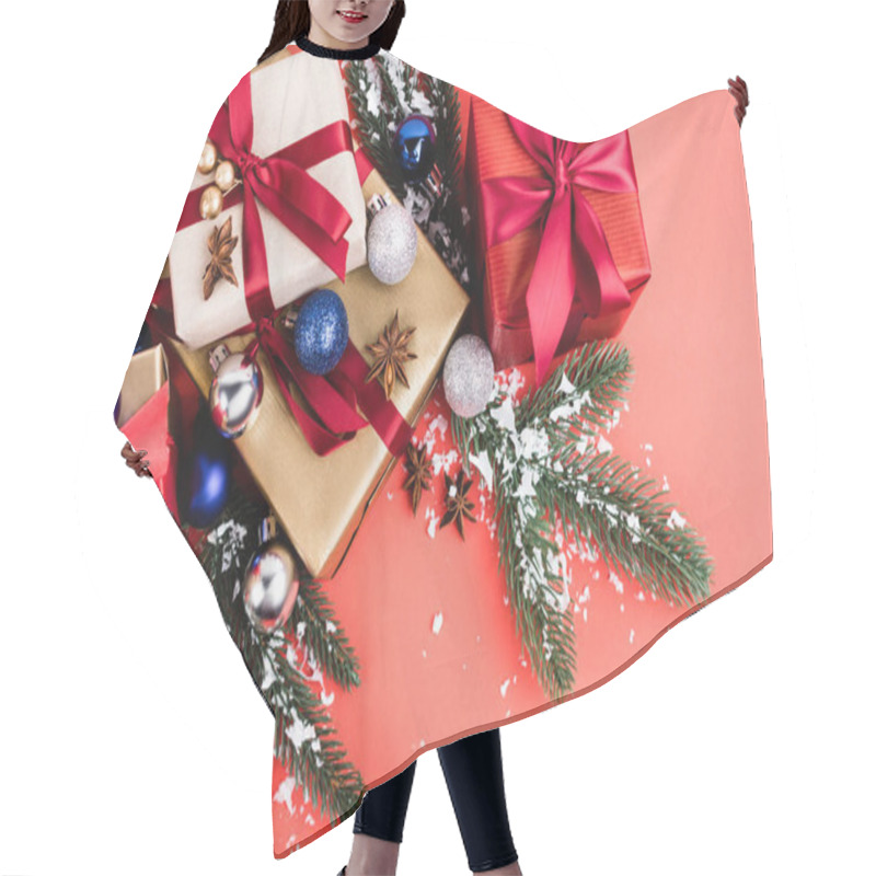 Personality  Top View Of Gifts With Baubles, Anise Stars, Pine Branches And Artificial Snow On Red Background Hair Cutting Cape